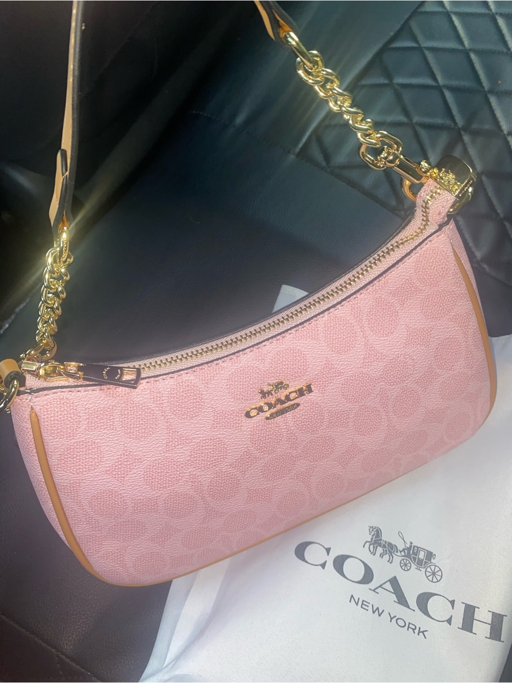 Coach Pink Signature Crescent Shoulder Bag with Gold Hardware
